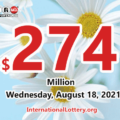 2021/08/14: A new millionaire – Powerball jackpot climbs to $274 million